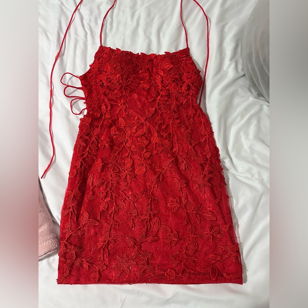 Sherri Hill Red Lace Mini Dress